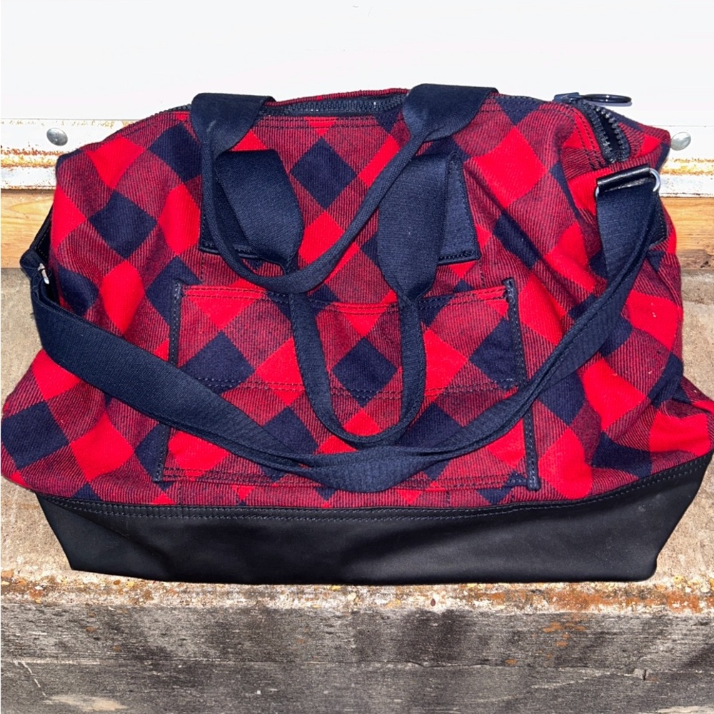 Lands' End Red and Black Plaid Duffel Bag